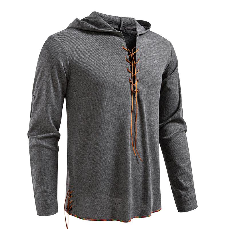 Men's Lace-Up Hooded T-Shirt Casual Retro Top for Men Spring Autumn Fashion Adjustable Sleeve Multi-Color Male Blouse