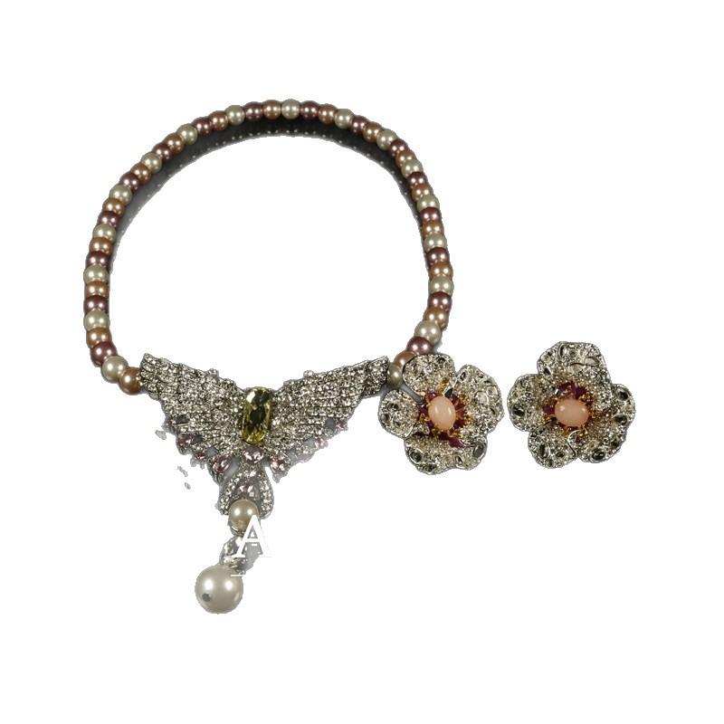 Earring Set Colored Imitation Pearl Chain Densely Studded with Diamond Wings Necklace Brooch Dual-purpose Exquisite Flower Earrings