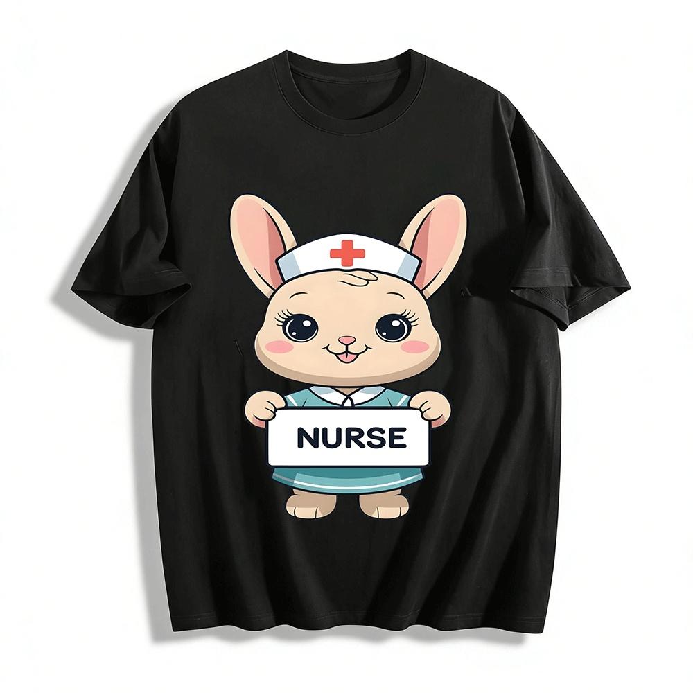 Cute Nurse Rabbit Print Casual Unisex Daily Wear T-Shirt Pure cotton T-shirt XXS