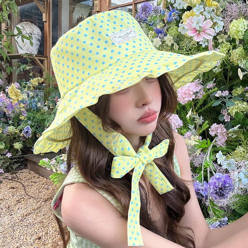 Cute Polka Dot Bucket Hat Wide Ruffled Brim Uv Protection Summer Beach Travel Outdoor Use