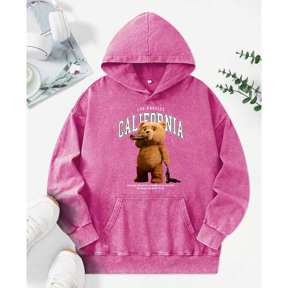 A Bear Drinking Beer Kawaii Print Washed Hoodies Female Autumn Cotton Pullover Pocket Oversize Hoody Womenwear