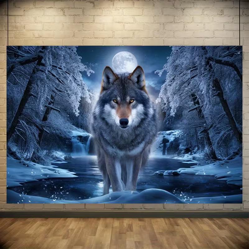 2D Winter Grey Wolf Backdrop Moonlit Snow Forest Waterfall Nature Photography Background