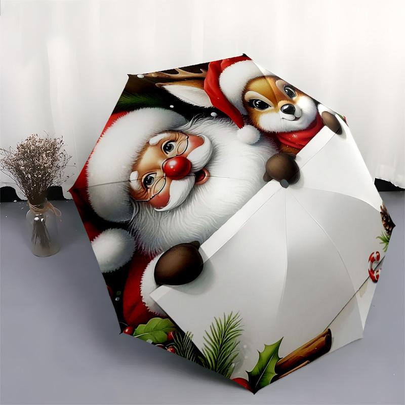 1pc Christmas Santa & Reindeer Festive Decoration with Automatic Opening Folding Umbrella, 8 Bone Iron Frame, Outdoor, Perfect Gift for Fans, Traveler