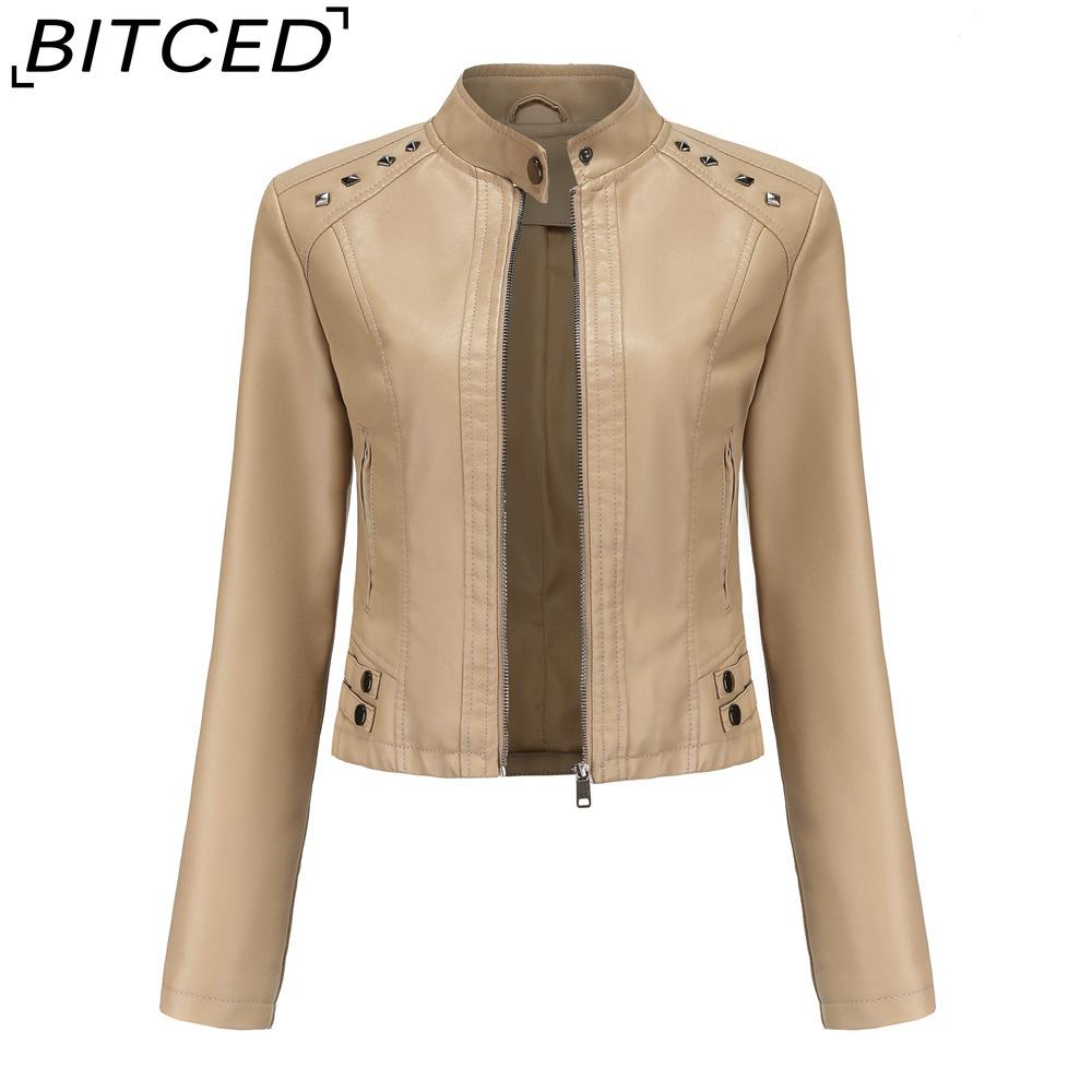 BITCED Women's Studded Leather Jacket Spring/Autumn Long-Sleeved Stand-Collar Fashion Jacket