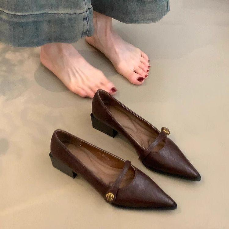 French Pointed Thick Heel One-pedal High Heels Spring Evening Commute Versatile Shallow Mouth Single Shoes