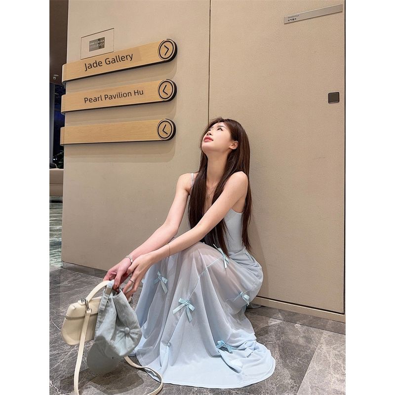 One Dress Wear More Sweet Style Blue Bow Suspenders Dress Women's Summer French Style Temperament Waist-Tight A- Line Dress
