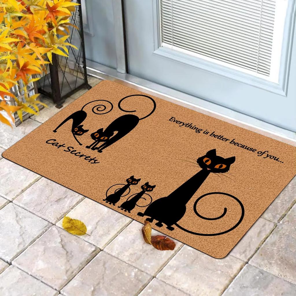 Roztomilá rohožka s kočičím motivem a siluetou černé kočky, kreslené kočičí vzory, měkký dekorativní koberec do předsíně pro domácí dekoraci, dárky