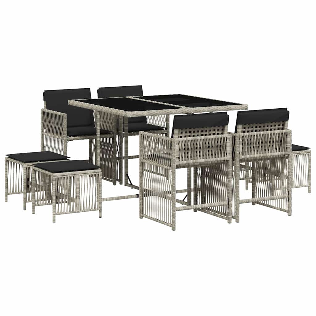 9 Piece Outdoor Dining Set with Cushions Light Grey Poly Rattan