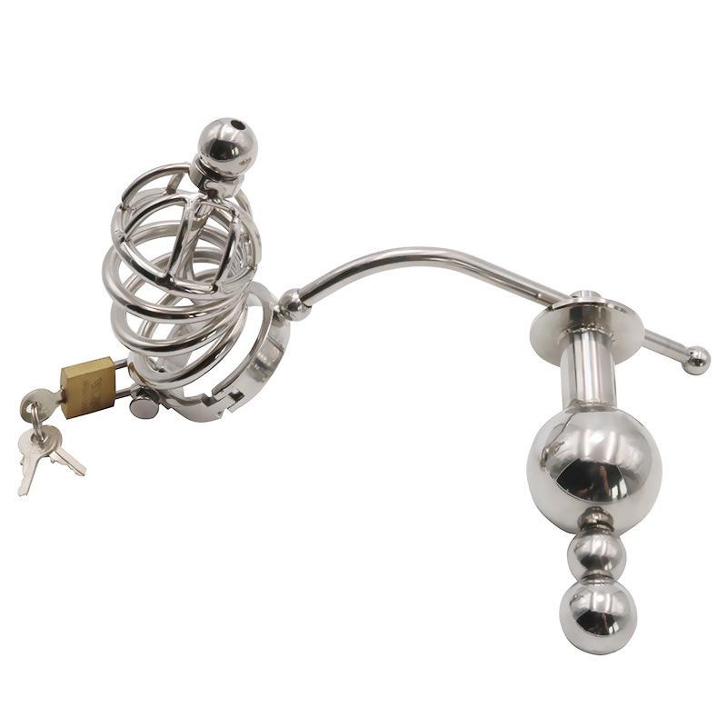 Stainless Steel Chastity Lock with Movable Butt Plug for Slave Training and Male Use