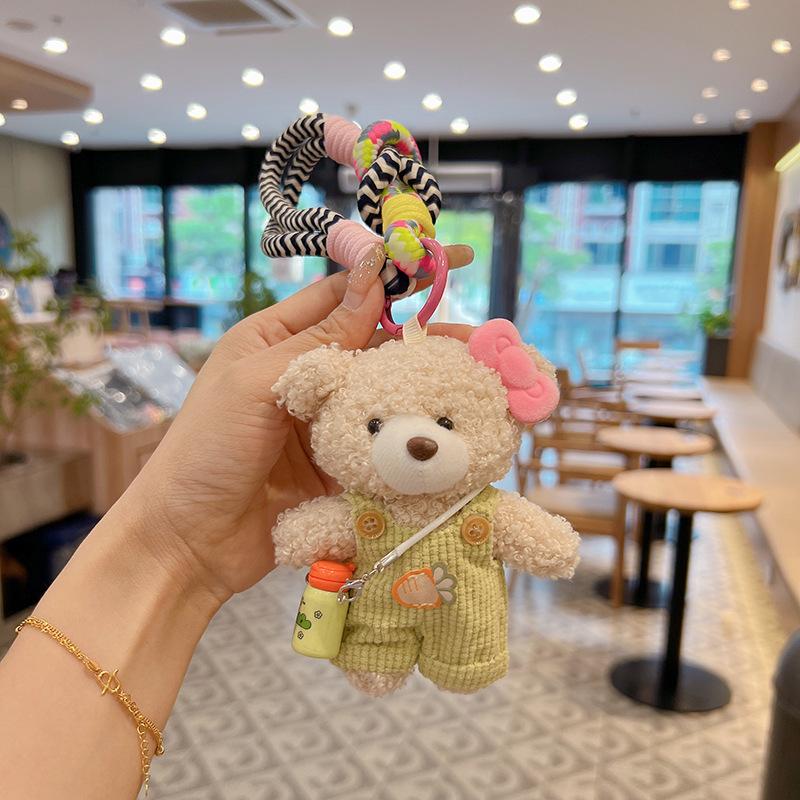 Cute Plush Curly Bear Bag Charm With Bow Pendant Colorful Braided Rope Lovely Stuffed Doll Accessory For Girls Bag Charm
