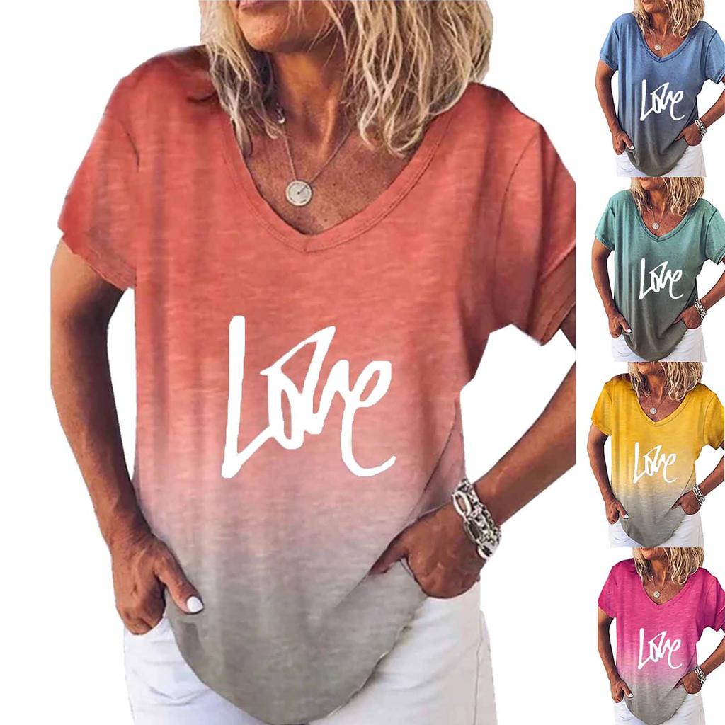 Women's casual short-sleeved V-neck gradient positioning printing T-shirt top