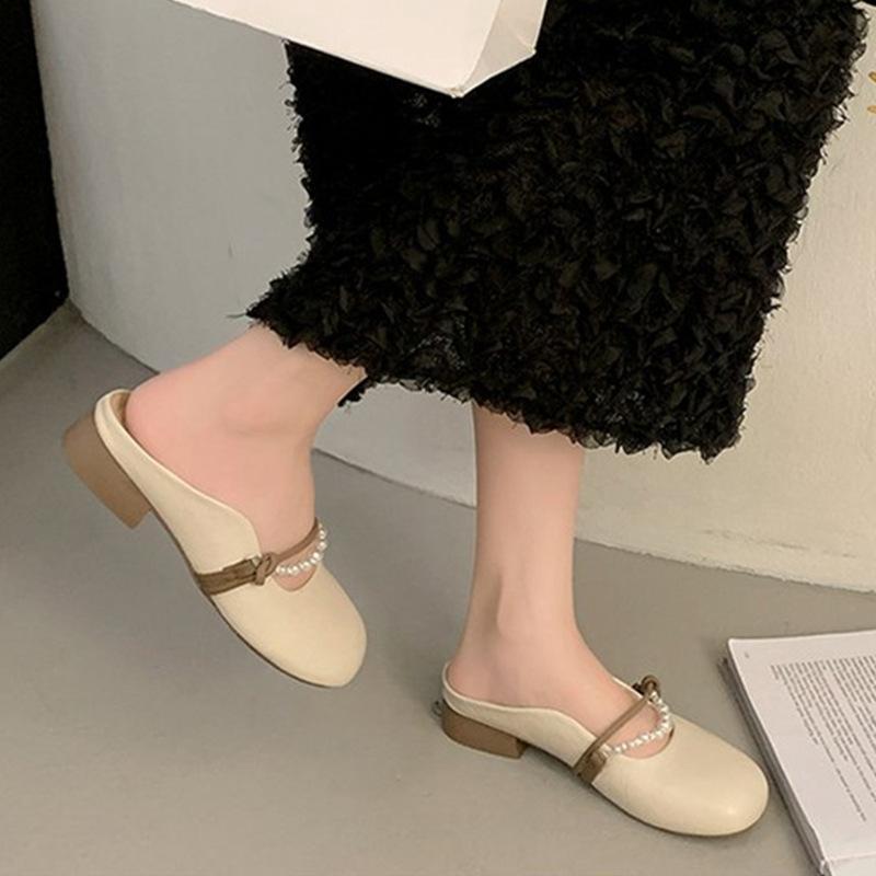 French Bag Head Half Slippers Women's Outer Wear 2025 New Spring Flat Bottom Pearl One Pedal Mary Jane Cool Slippers