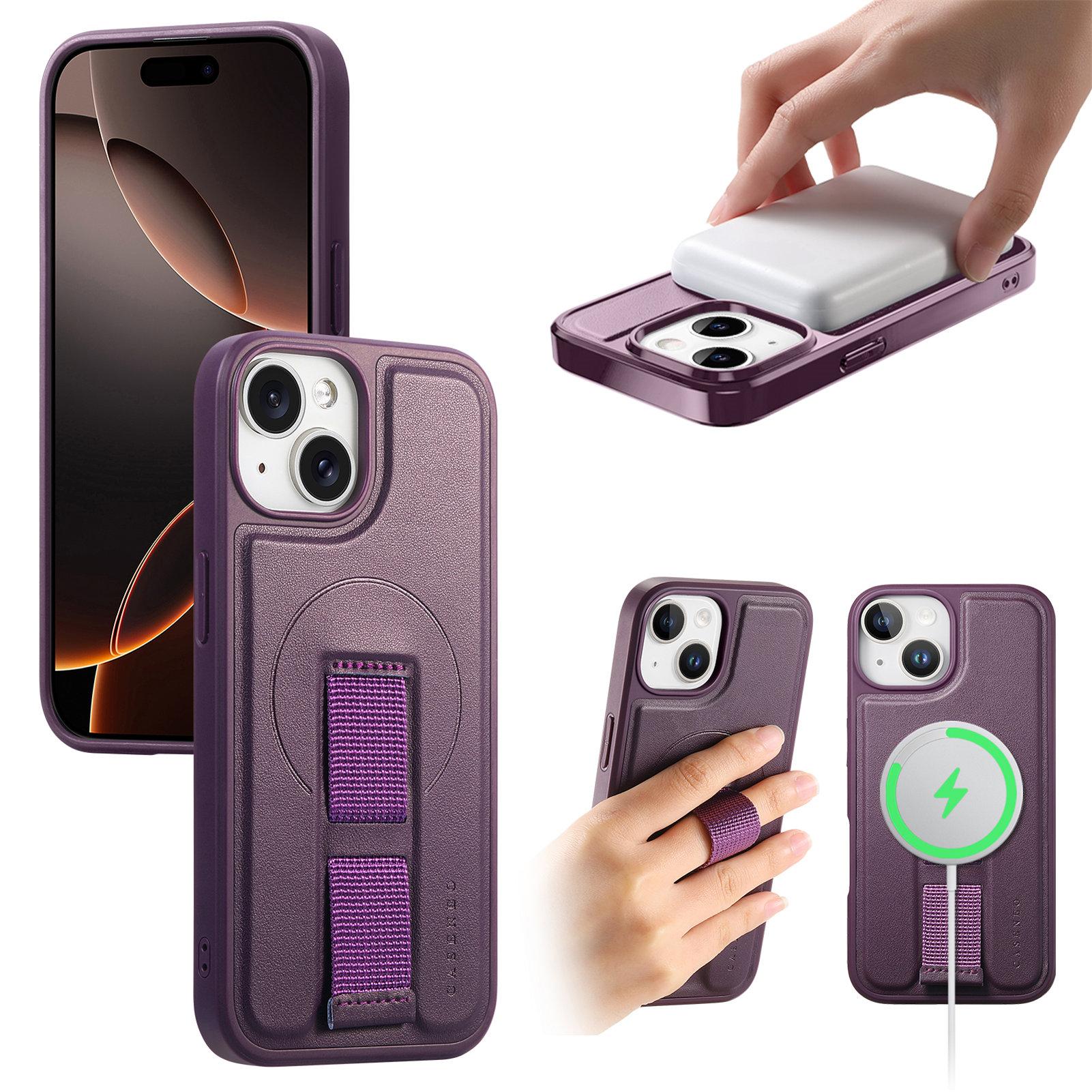 

For iPhone 14/iPhone 13 6.1 inch Magnetic Case CASENEO Wristband PU Leather+PC Shockproof Phone Cover Purple