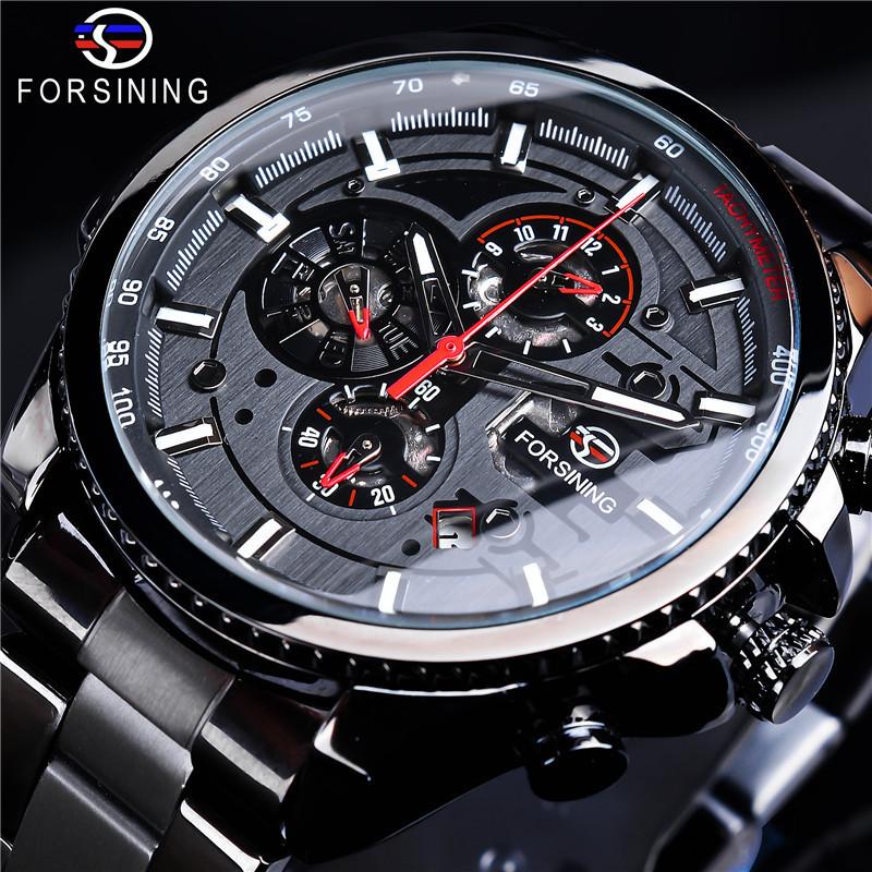 Forsining Drei Zifferblatt Kalender Edelstahl Männer Mechanische Automatische Armbanduhren Top Luxus Military Sport Männliche Uhr