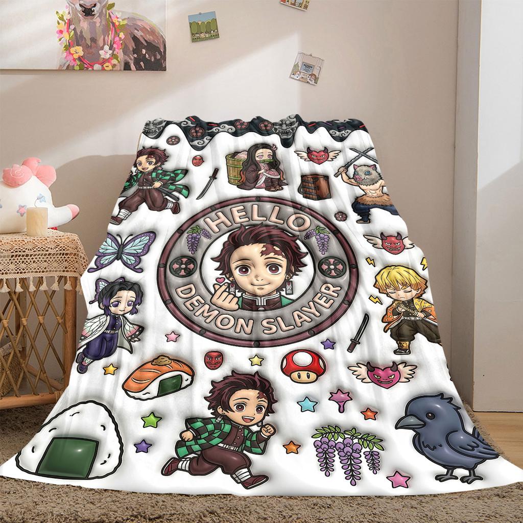 Demon Slayer Deluxe 2D Cartoon Flannel Blanket, Printed Art for Sofa, Soft Bedding for Travel Picnic Rug_LIAN
