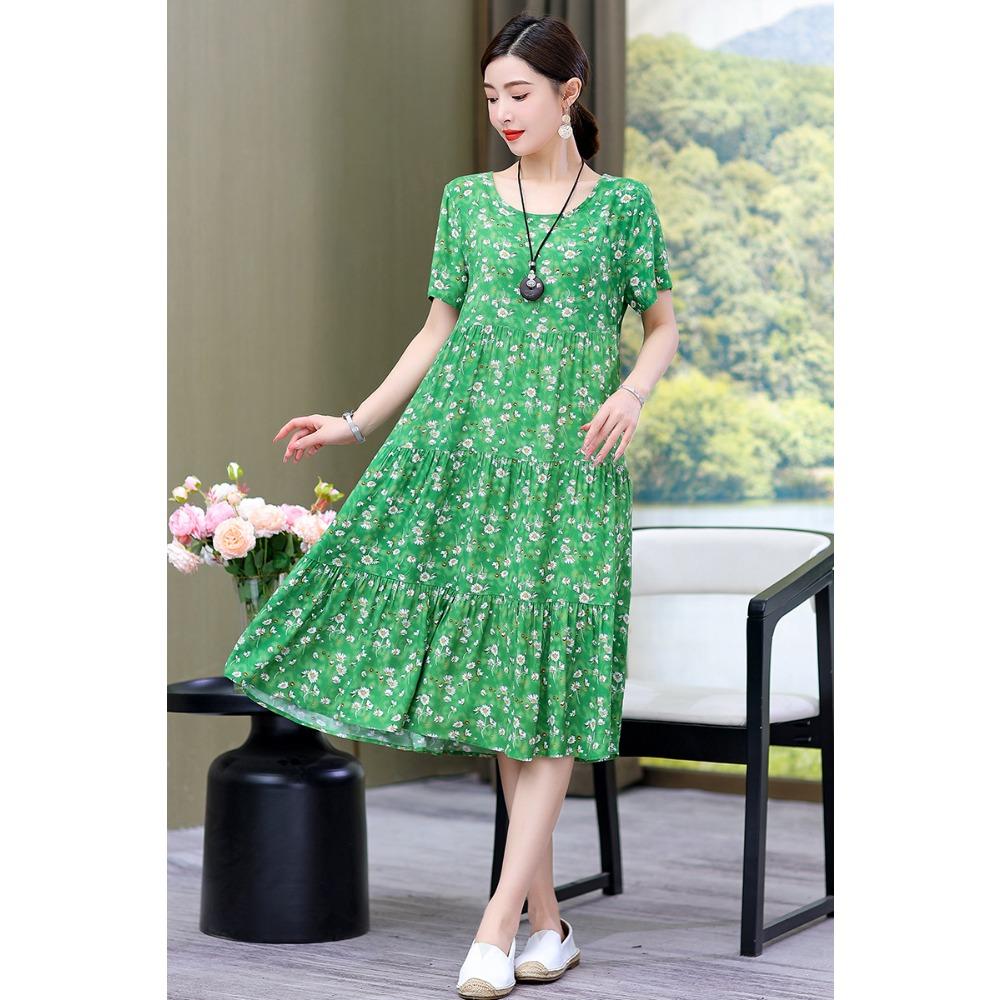 Summer Short-sleeved, Loose and Long Artificial Cotton Dress for Middle-aged and Elderly Women