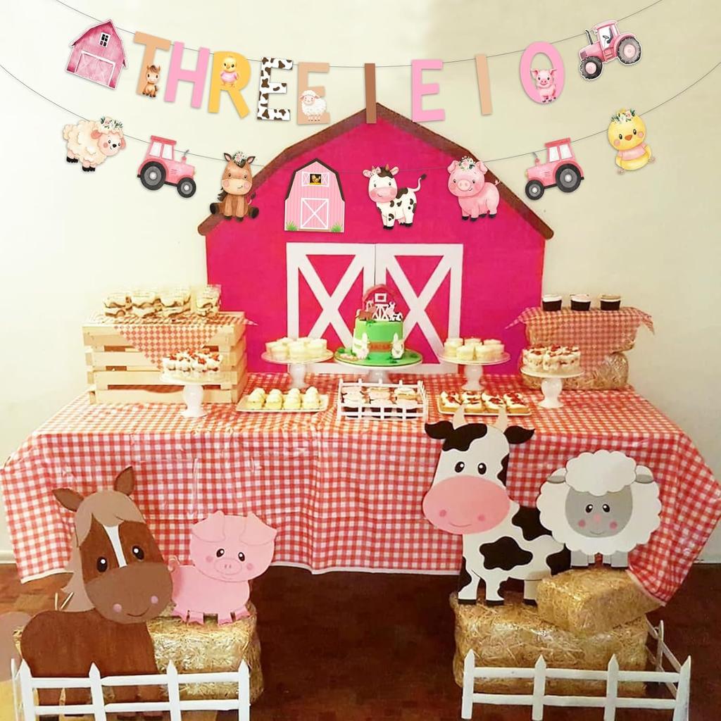 Cheereveal Pink Farm 3rd Birthday Decorations, THREE I E I O Farm Animals Banner, Farmhouse Barnyard Bunting Hanging Garland for THREE Year Old Bday
