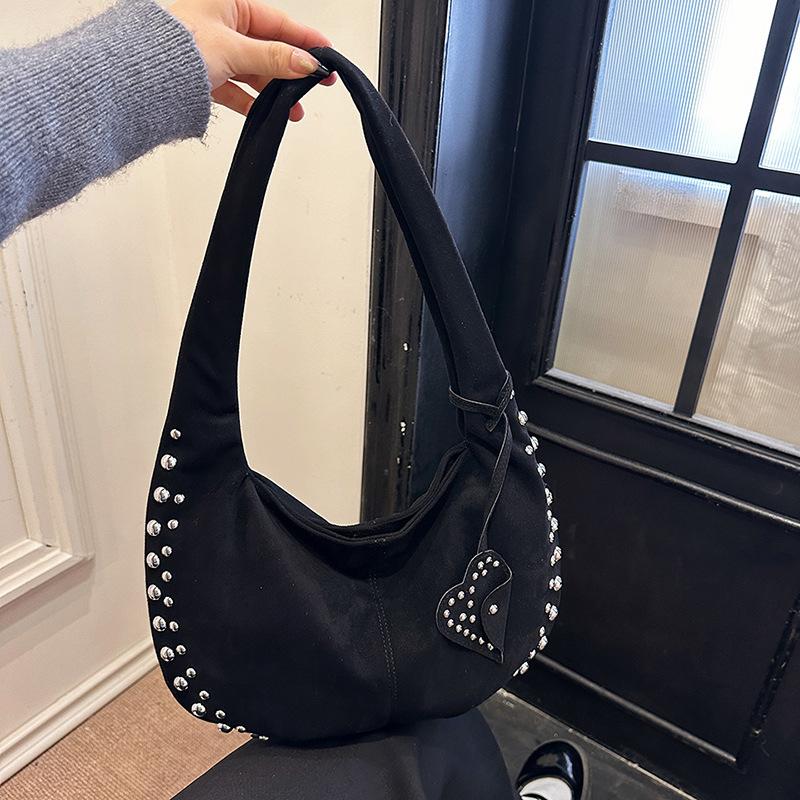 Half Moon Faux Suede Underarm Bags For Women Luxury Designer Handbags And Purses Vintage Rivet Rhinestones Shoulder Bag CLE