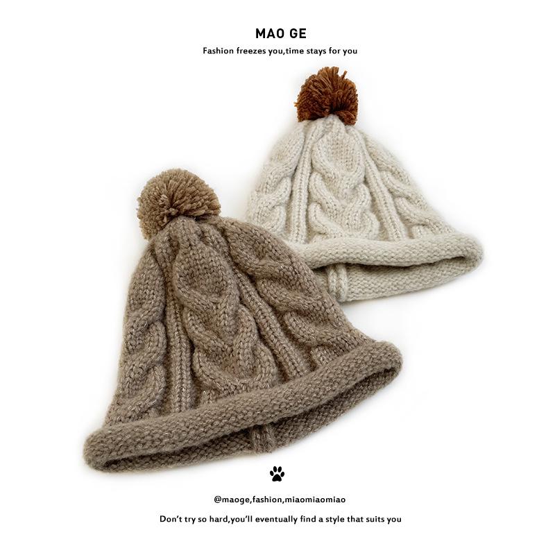 Cat Brother Unisex Korean Style Color Block Pom-Pom Knit Beanie - Warm Wool Hat for Kids, Autumn/Winter