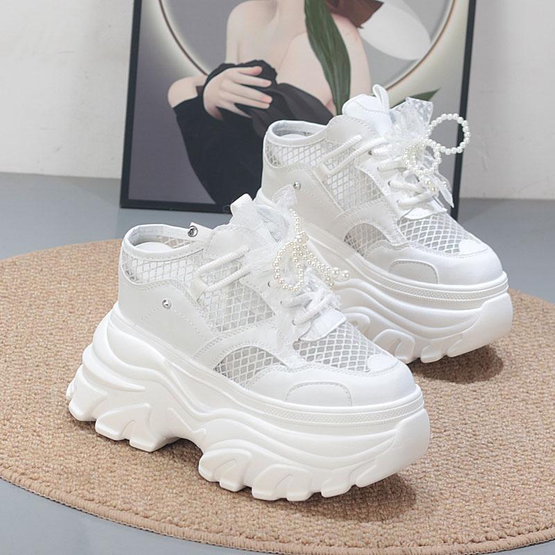 Fashion 11CM Air Mesh Lace Genuine Leather Comfy Platform Wedge Slippers High Brand Breathable Summer Platform Wedge Casual Shoes