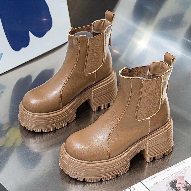9cm Ultra-high Heels Women's Platform Boots British Style Women Chelsea Boots High Quality Leather Plush Women Ankle Boots Botas