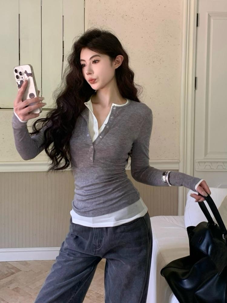 Korean Chic Design Fake Two Pieces Long Sleeves Shirt Women Autumn 2024 New Elegant All Match Slim Fit Slimming Base Tops Winter