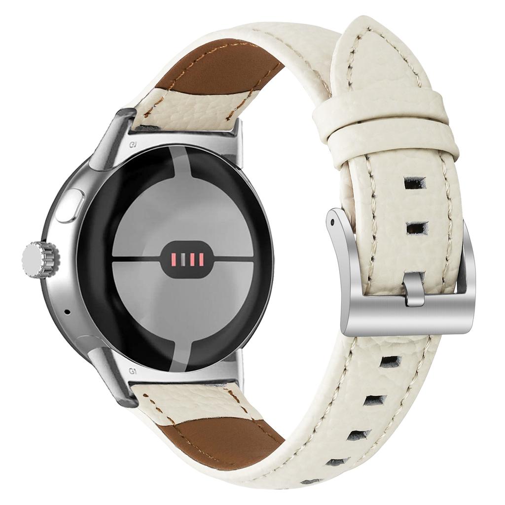 Litchi Textured Genuine Leather Strap for Google Pixel Watch 4/3/2/Watch 41mm Pointed-End Watch Band with Silver Buckle