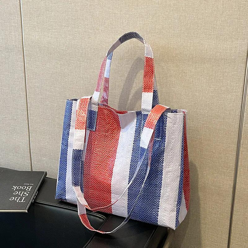 

WTEMPO Fashion New Color Matching Large Capacity Striped Woven Bag Casual Versatile Single Shoulder Bag Women s Travel Shopping Handbag 1pc синий
