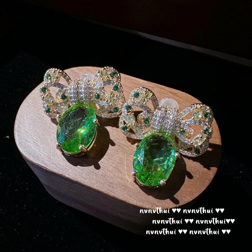 Mojito Emerald Butterfly Earrings, Happy Rich Woman, 18K Gold Duobao Thistle Flower Zircon Pearl Earrings