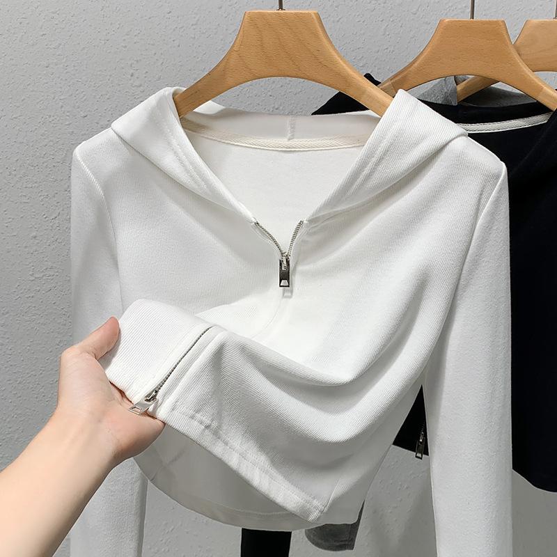 Reißverschluss Kapuzenpullover Damen grauer Kragen Langarm Kurz Freizeitjacke, Damenbekleidung