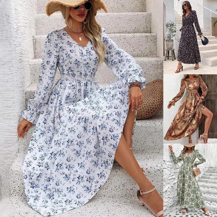 A-Line Dress Women Floral Print Ankle-Length Long Sleeve Casual High Waist Spring Summer V-neck Elastic Dresses