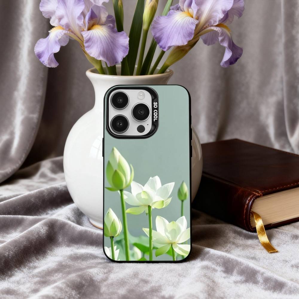 

E-Emerald W-White Lotus Phone Case For iPhone17,16,15,14,13,12,11 Plus,Pro Max Black Candy silver phone case iPhone16pro