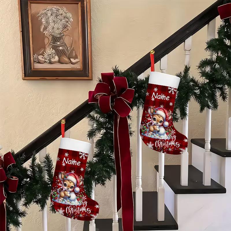 Santa Claus Snowflake Plaid Large Christmas Stocking with Hanging Rope