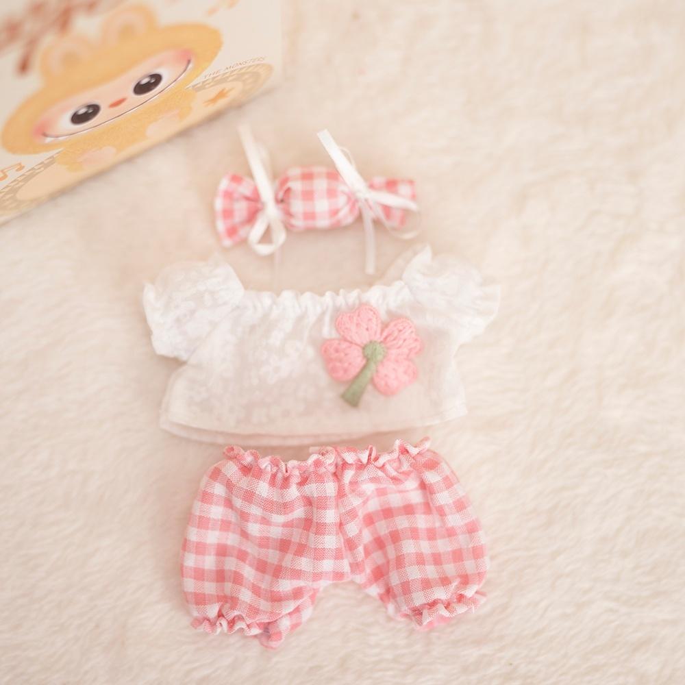 17cm Labubu Baby-Mantel Bunte Kaugummi-Karo Latzhose Labubu Puppe Plüschtier Puppen-Kostüm Baby-Mantel