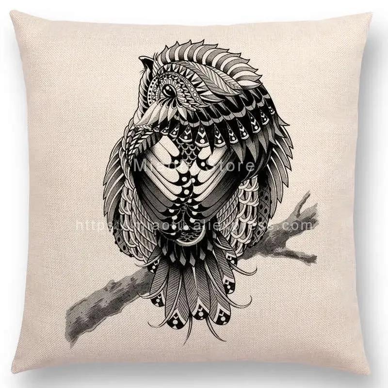 New Ornate Brave Animals Totems Free Beast Faith Tattoo Prints Cushion Cover Sofa Throw Pillow Case Owl Elephant Shark Bear