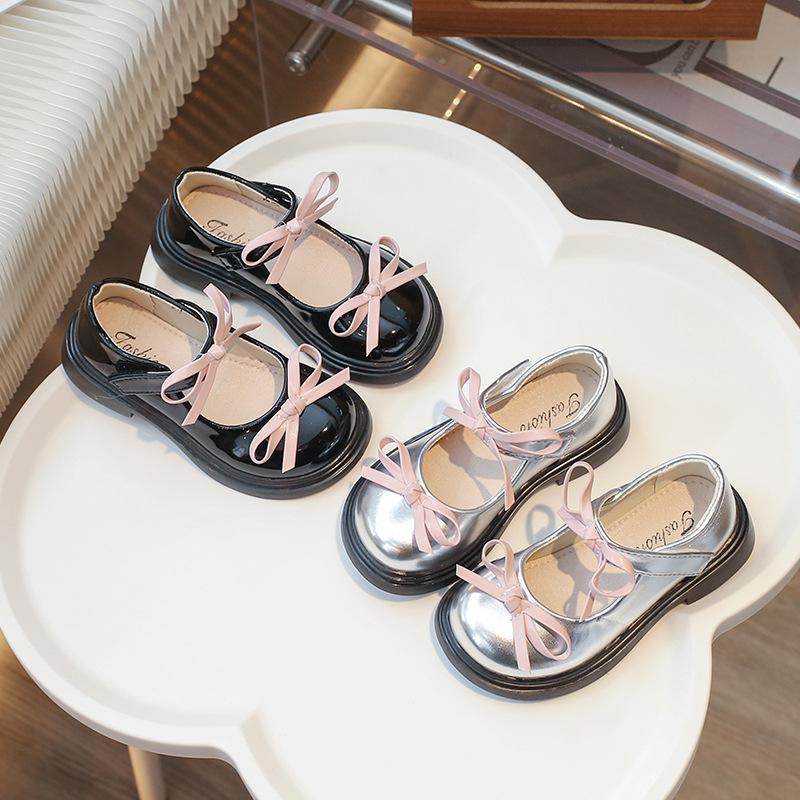 Princess Shoes Girls Leather Shoes 2025 New Spring and Autumn Children's Single Shoes Silver Mary Jane Little Girl Bow Classmate