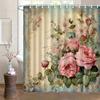 1 Stück Vintage Blumenduschvorhang - Haken inklusive, Hellblaues Badezimmerdekor für Zuhause & Hotelgebrauch, Eleganter Duschvorhang