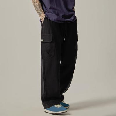 Men Cargo Pants with Multi-pocket American Style Straight Wide Leg Loose Drawstring Elastic Waist