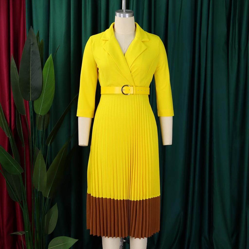 Fashion Full Sleeve Notched Neck Solid High Waist Belt Dress Women Autumn OffiAe Lady Pleated Long Africa Midi Dresses