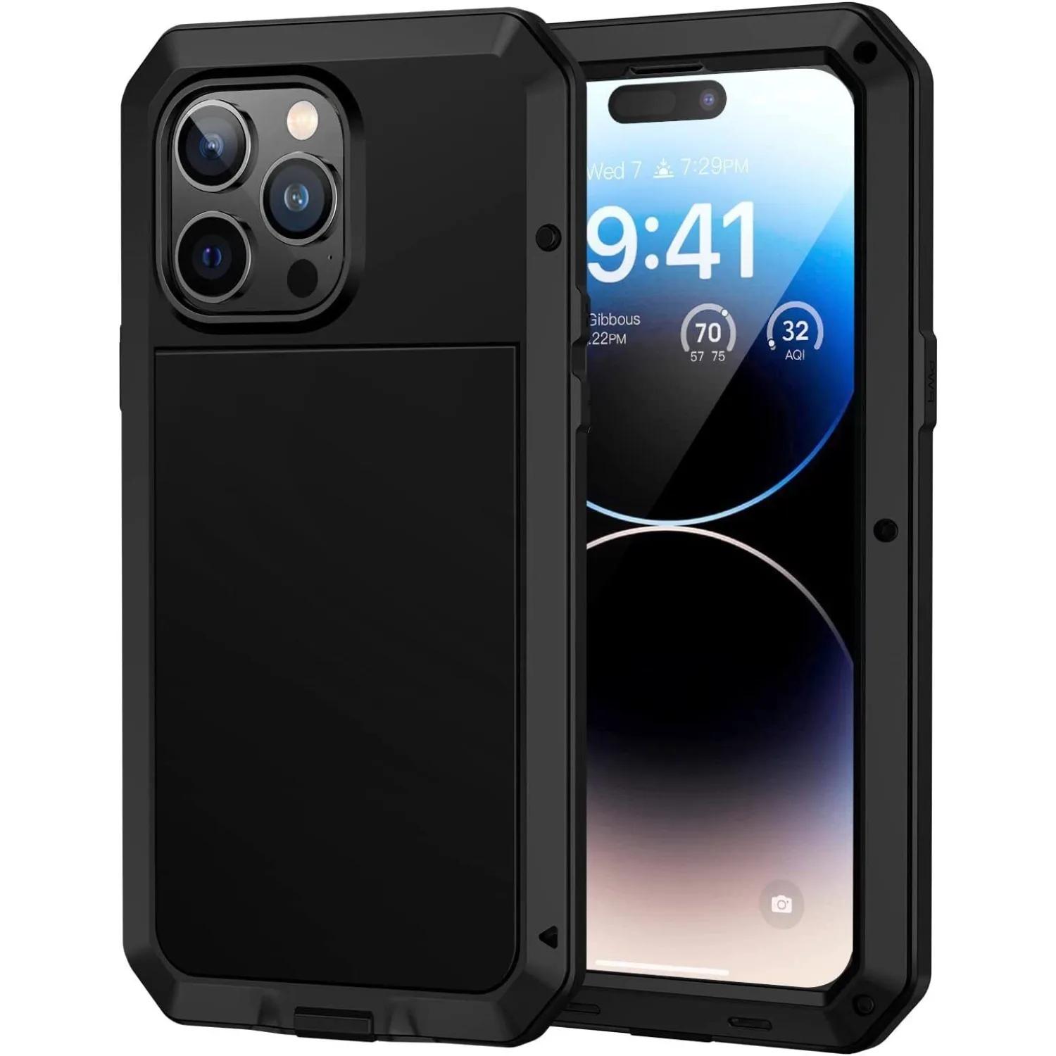 

Прочный Алюминиевый Металлический Чехол для IPhone 16 15 14 13 12 11 ProMax Ударопрочный Металлический Чехол из Стекла Gorilla Glass для IPhone XS Max XR 7 8 For iPhone 16 Plus чёрный