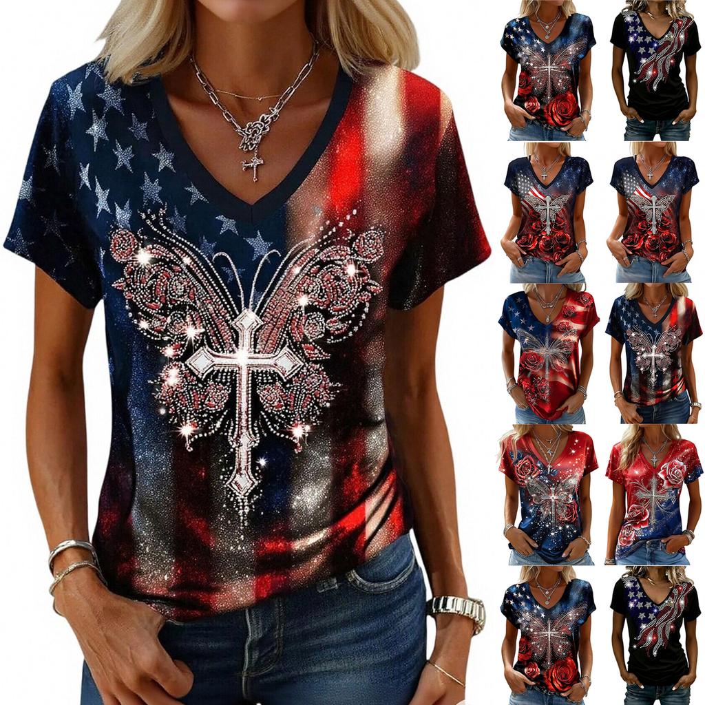 Women's Casual V Neck Short Sleeve Pullover T Shirt Independence Day Graphic Print Top Lightweight Comfortable Fit