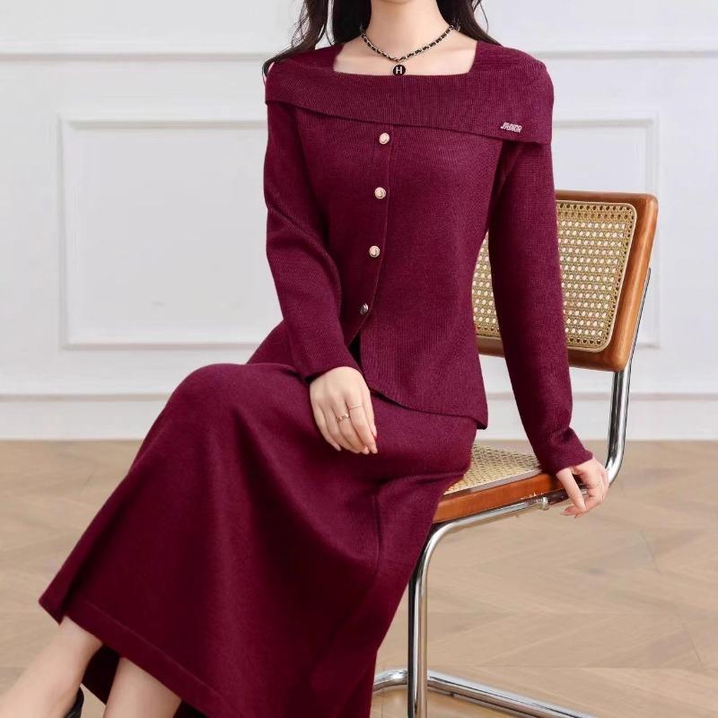 Elegant Wind One-word Shoulder Knitted Sweater Skirt Set Women's Autumn and Winter New Temperament Thin Sweater Two-piece Set