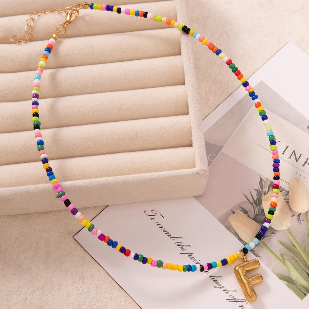Bubble Alphabet Colored Rice Beads Handmade Beaded Delicate Beach Bohemian Necklace Collarbone Chain