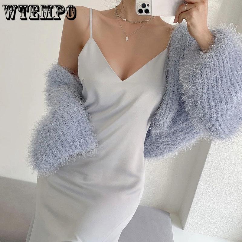 Fluffy Short Sweater Sexy V-neck Long Sleeved Single Breasted Coat Korean Chic Knitting Top Fashion Pink Cropped Cardigan Mujer