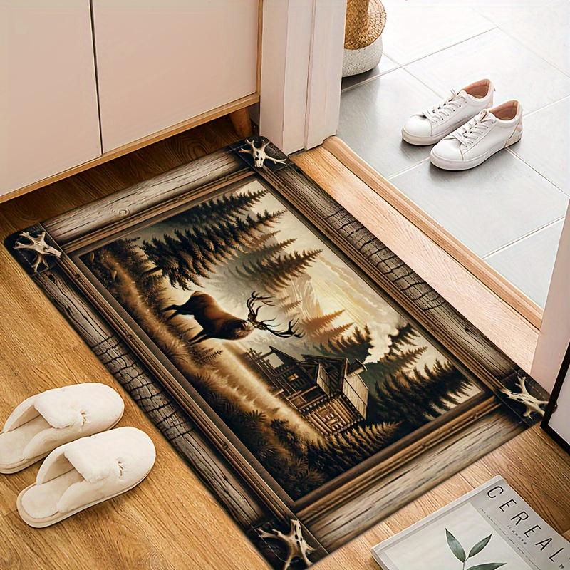 Non-slip Reindeer Carpet Forest Cabin Design Floor Mat Wood Grain Border Living Room Bedroom Kitchen Laundry Room Office Rug