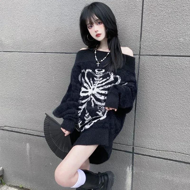 ROADVIBE Goth Skull Print Harajuku Sweater Sweater Tops Aesthetic Women's Black Pullover Harajuku Fashion Streetwear Tops 2000