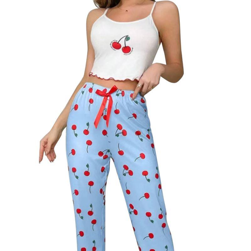 

Женский пижамный комплект для отдыха с жилетом на бретелях и брюками с принтом вишни XL