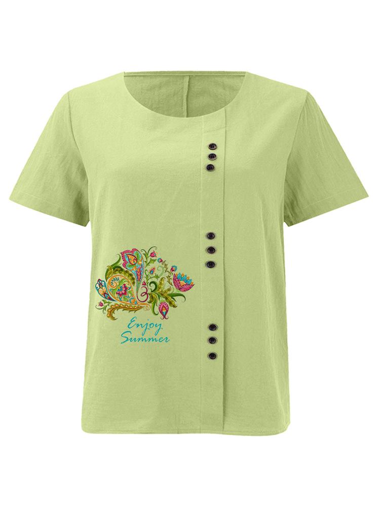 

Women s Fashion Floral Alphabet Print Round Neck Short Sleeve T-shirt Casual Cotton Linen Graphic Shirt Leisure Loose Summer Blouse Tops 5XL зелений