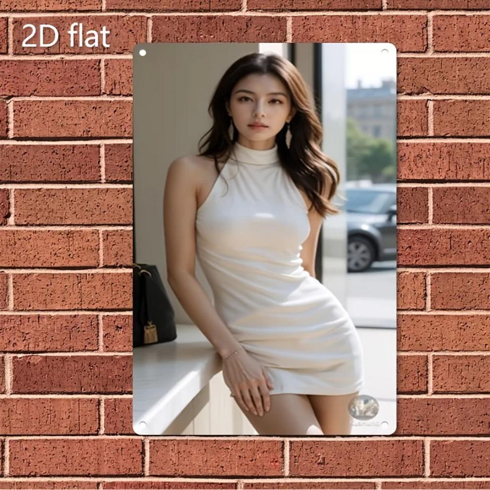 

HD Metal Tin Sign Elegant Lady in White Halter Bodycon Dress Retro Wall Art D Flat Iron Painting Plaque for Home Bar Cafe Dec 20x30cm（7.8x11.8inch）