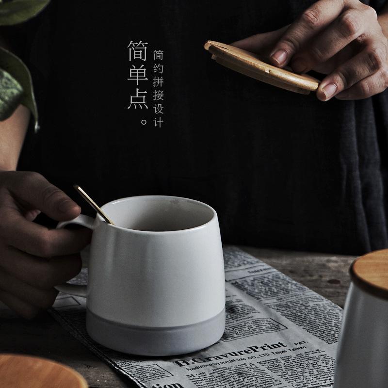 Kreative nordische Tasse mit Deckel und Löffel, Paar-Spleißung, matte Milchfarbglasur, Kaffeetasse, Keramiktasse, Holzdeckel, Becher